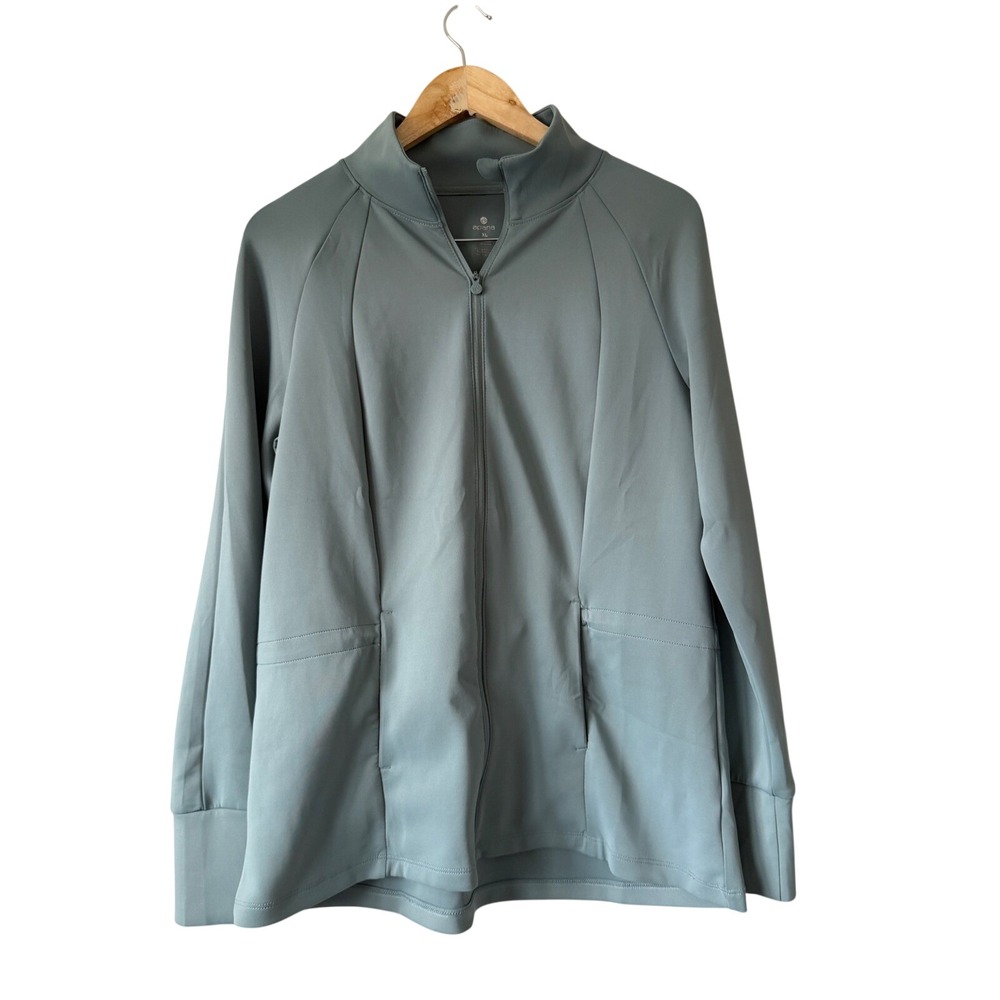 Apana Womens XL Full Zip Athletic Jacket Mock Neck Drawstring Back Dusty Blue